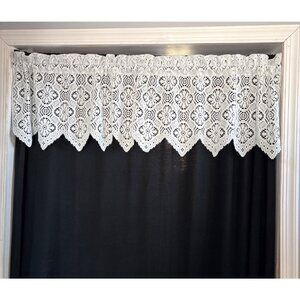 White Crochet Lace Scalloped Curtain Valance 56" W x 16" L Floral Pattern Rod Po